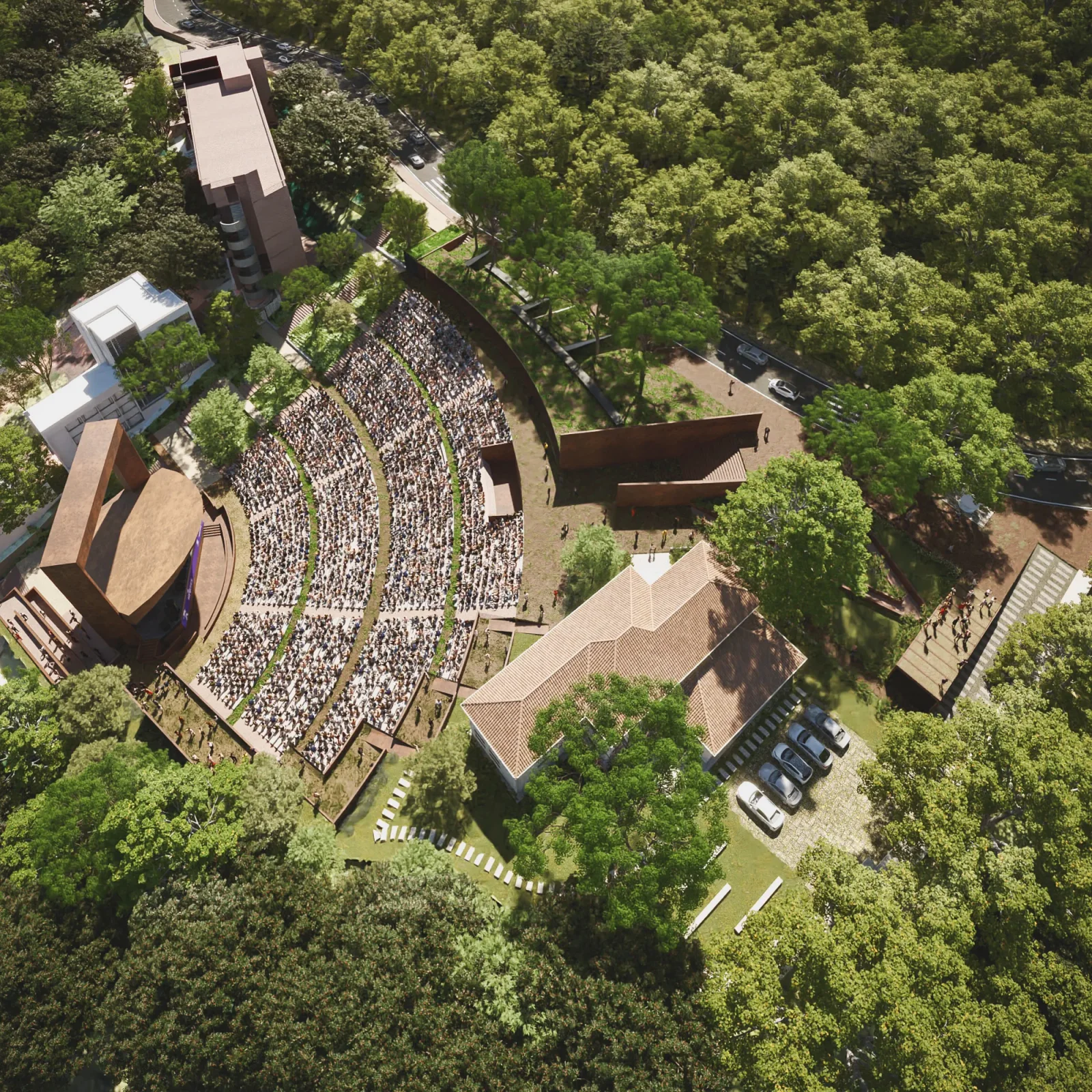 Aerial rendering of La Media Torta amphitheater full of people in the Bogotá hills