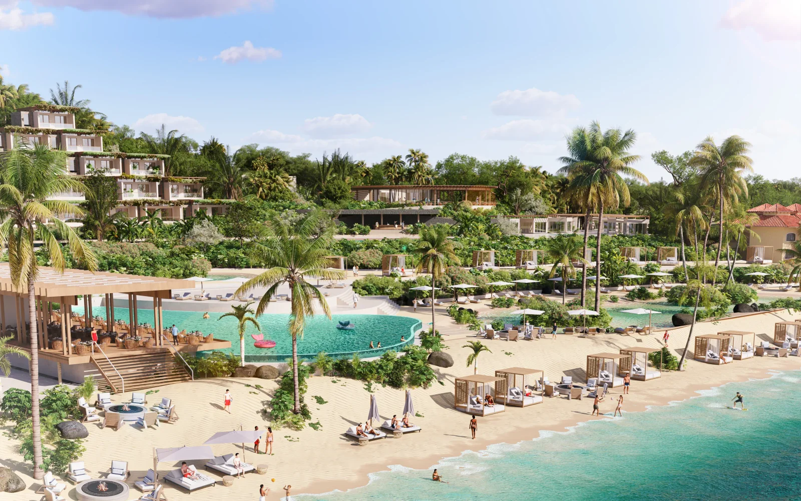 Aerial rendering of a beach resort with pools and palm trees, The Reef, Roatán, Honduras