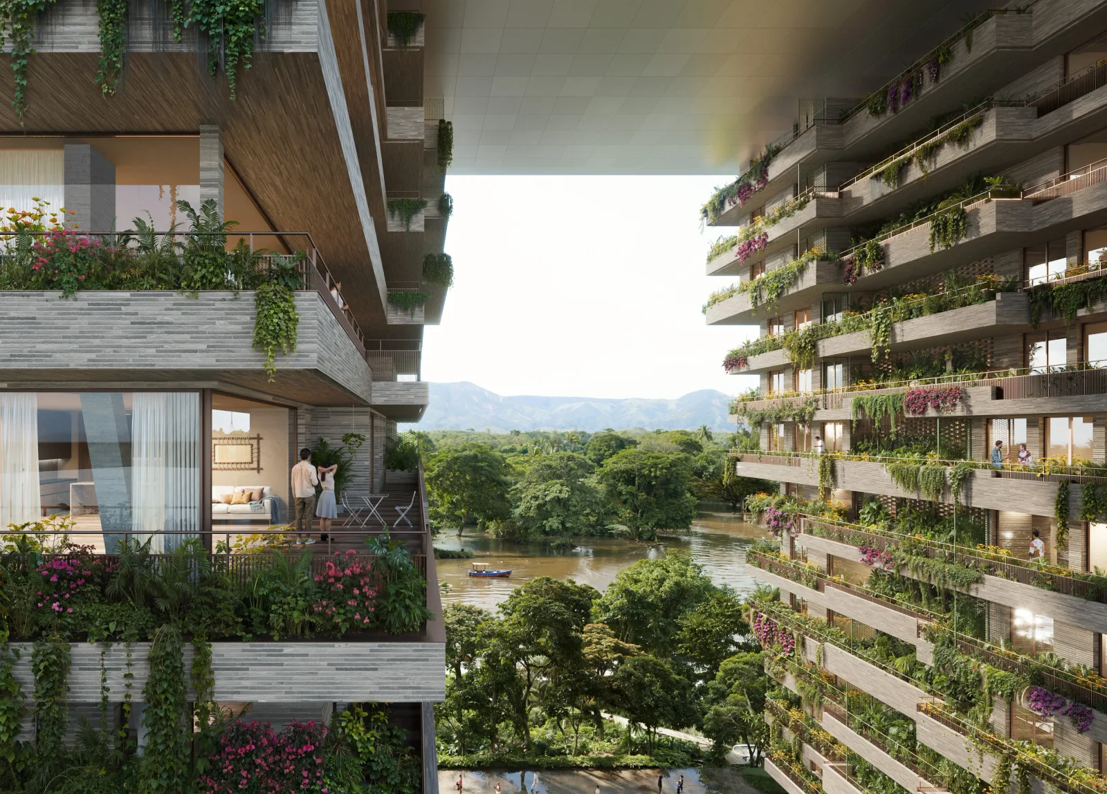 Exterior rendering of green-façade towers over the Magdalena river, Neiva