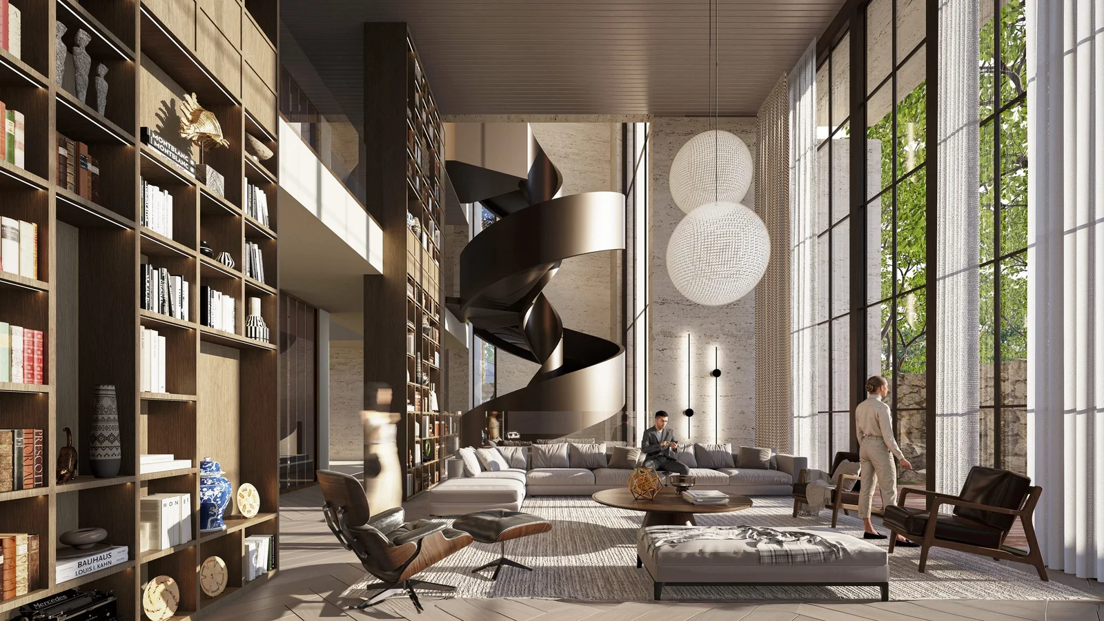 Interior rendering of a double-height library, Casa Cabrera, Bogotá