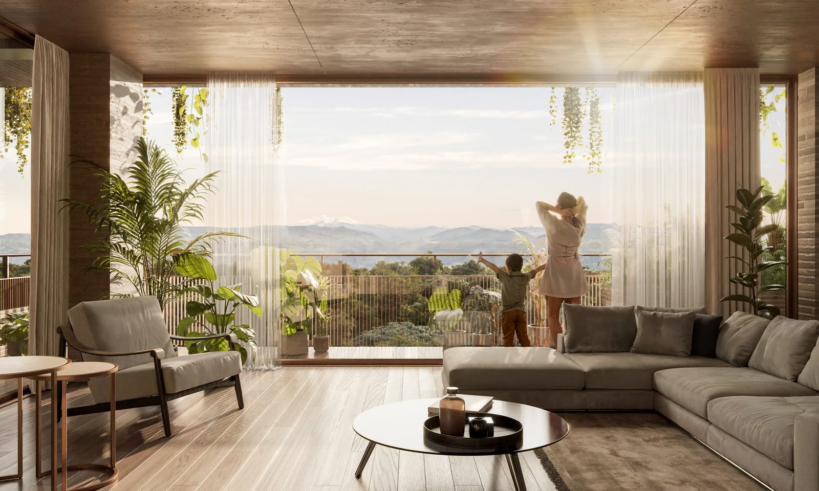 Interior rendering of a living room facing the mountains, Magdalena Riverbank, Neiva