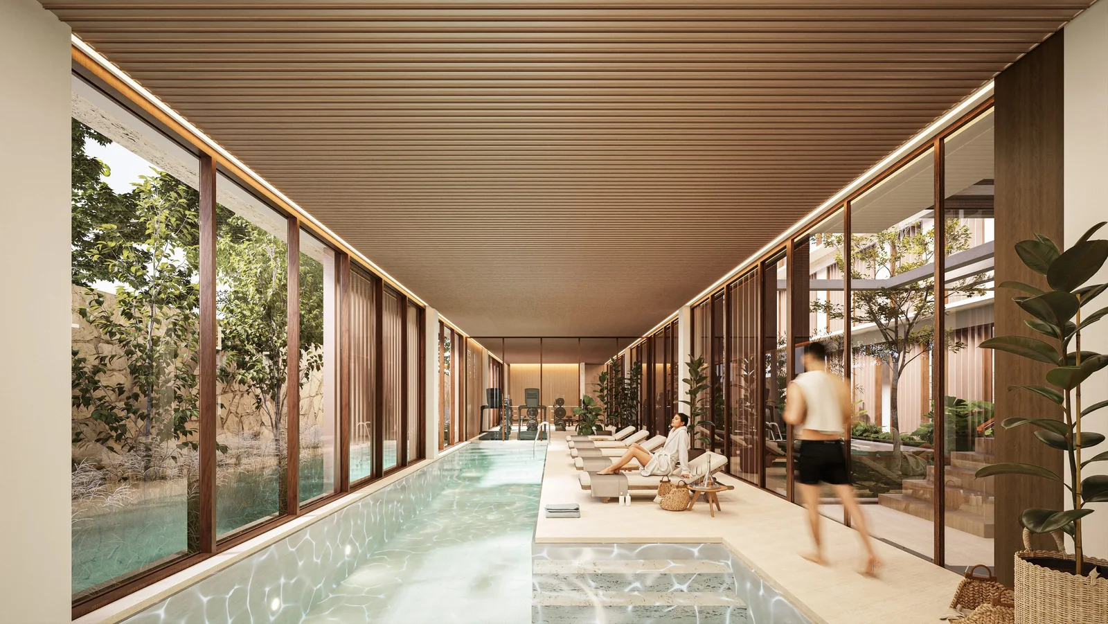 Interior rendering of an indoor pool with timber joinery, Cabrera 87, Bogotá
